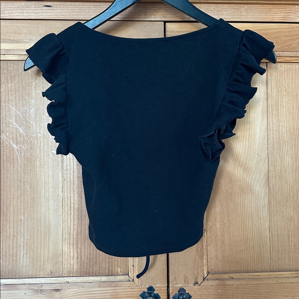 Zara Black Ruched Crop Top with Ruffle Sleeves - Picture 4 of 4